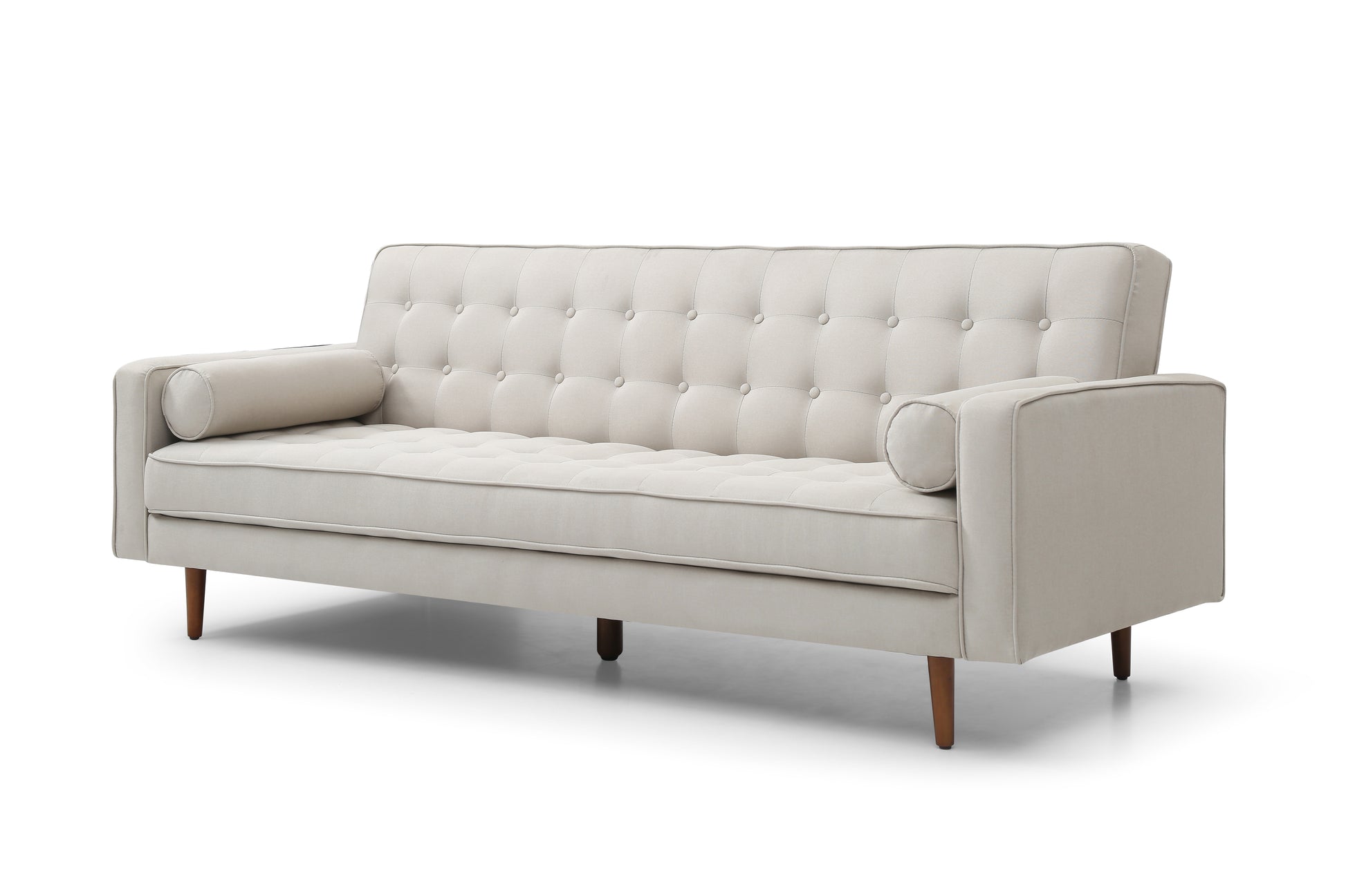 Beige velvet tufted sofa bed left angle view in sofa mode showing pleated arm cushions and back