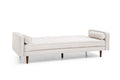 Beige velvet sofa bed in flat bed position at right angle view showing sleeping surface and armrests
