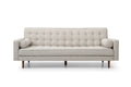 Beige velvet tufted sofa bed front view on white background in sofa mode with dark wooden tapered legs