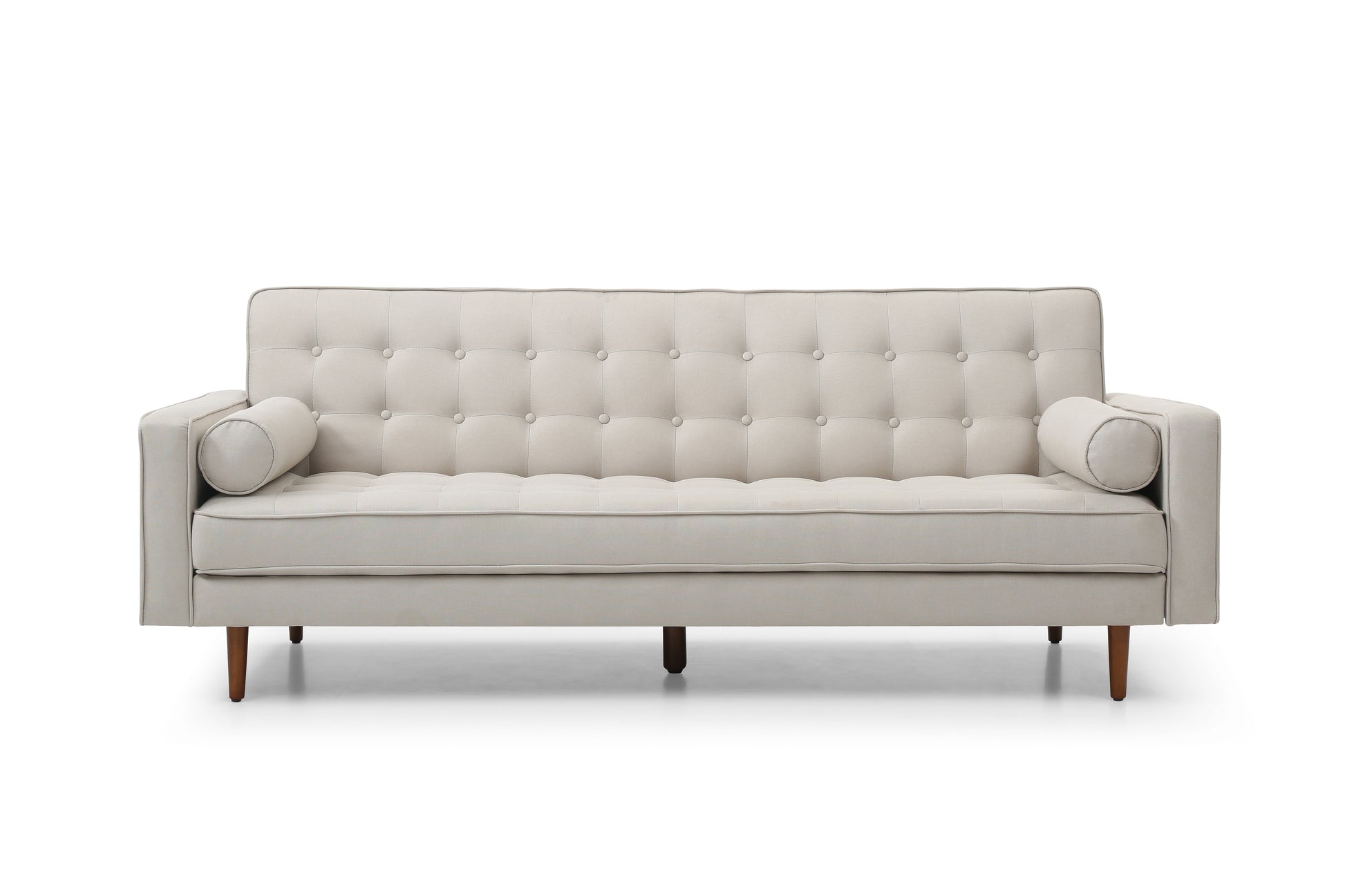 Beige velvet tufted sofa bed front view on white background in sofa mode with dark wooden tapered legs