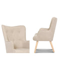 Beige fabric wingback armchair two views showing button-tufted backrest close-up and side profile with wood legs