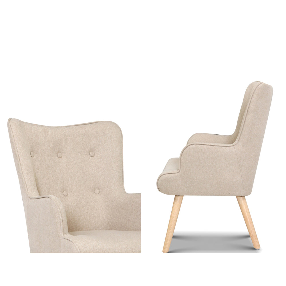 Beige fabric wingback armchair two views showing button-tufted backrest close-up and side profile with wood legs