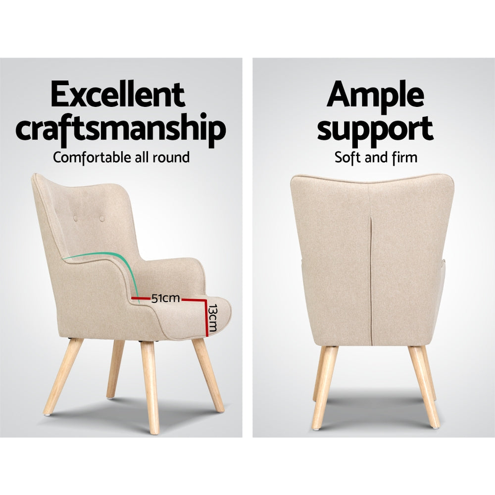 Beige fabric wingback armchair two-panel showing side view with 51cm 13cm callouts and rear view with Ample support text