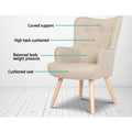 Beige fabric wingback armchair feature diagram with callouts for curved support high back cushioned and cushioned seat