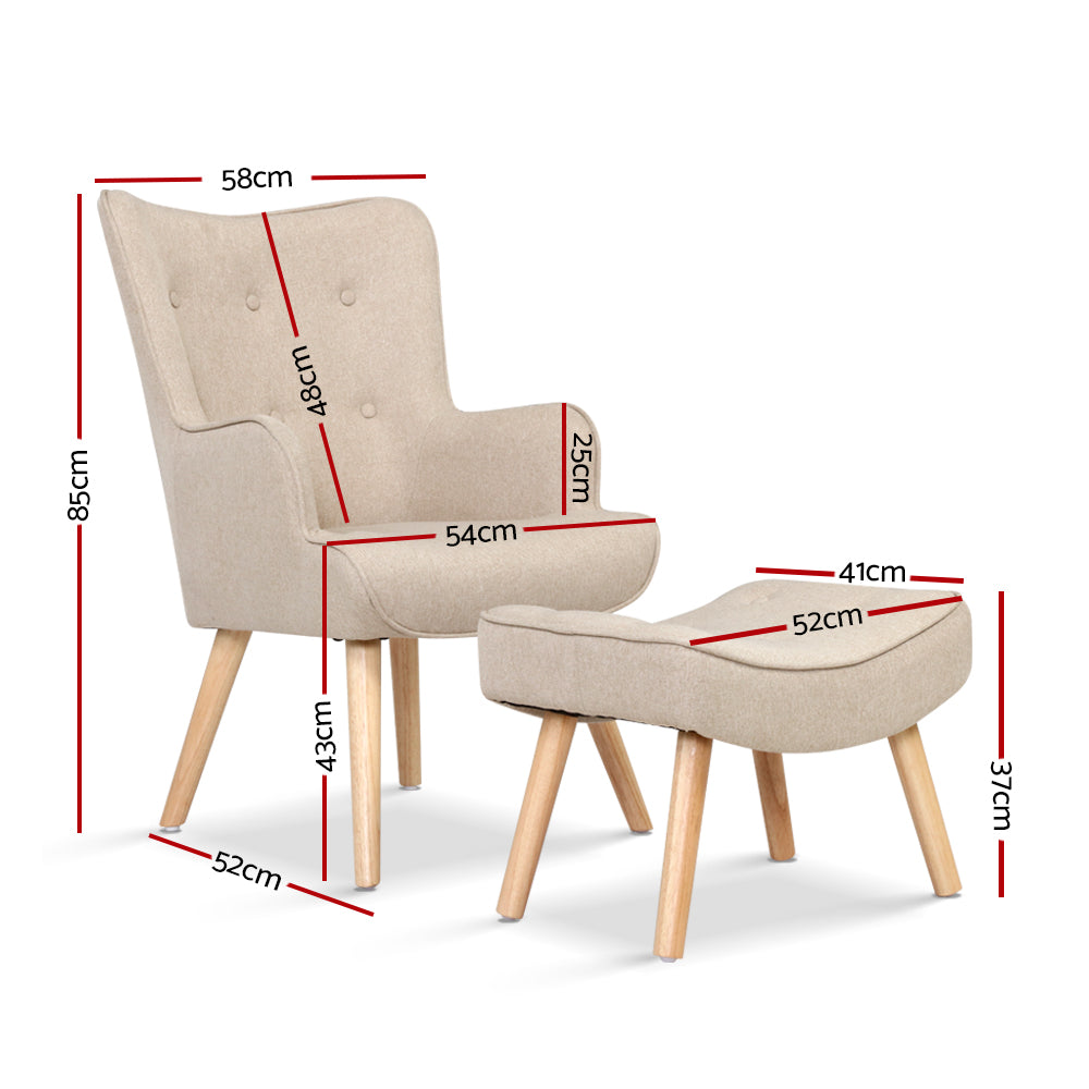 Beige fabric button-tufted wingback armchair with matching footstool ottoman and natural wood legs on white background