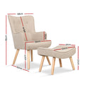 Beige fabric wingback armchair and ottoman dimensions showing chair 85cm height 58cm width 43cm seat height and ottoman 37cm