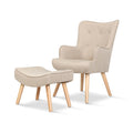 Beige fabric button-tufted wingback armchair with matching footstool ottoman and natural wood legs on white background