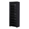 Black covered shoe rack angle view on white background with front cover open showing empty metal shelves and side pocket