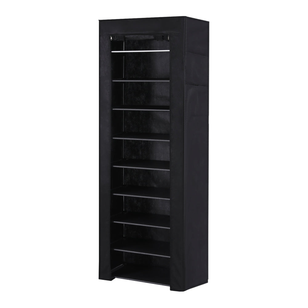 Black covered shoe rack angle view on white background with front cover open showing empty metal shelves and side pocket