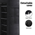 Black fabric shoe rack detachable cover features showing side pocket zipper closure and velcro strap details