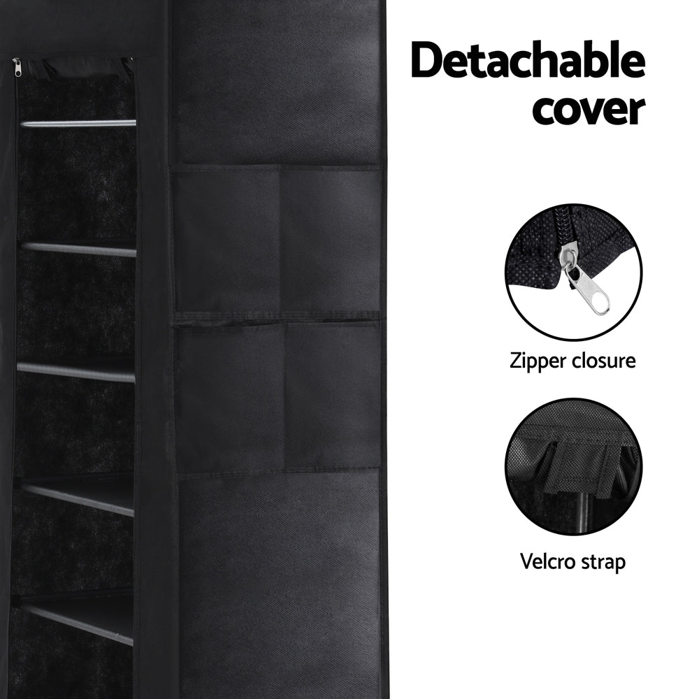Black fabric shoe rack detachable cover features showing side pocket zipper closure and velcro strap details
