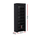 Black covered shoe rack dimensions showing 160cm height 60cm width 30cm depth and 15cm shelf spacing