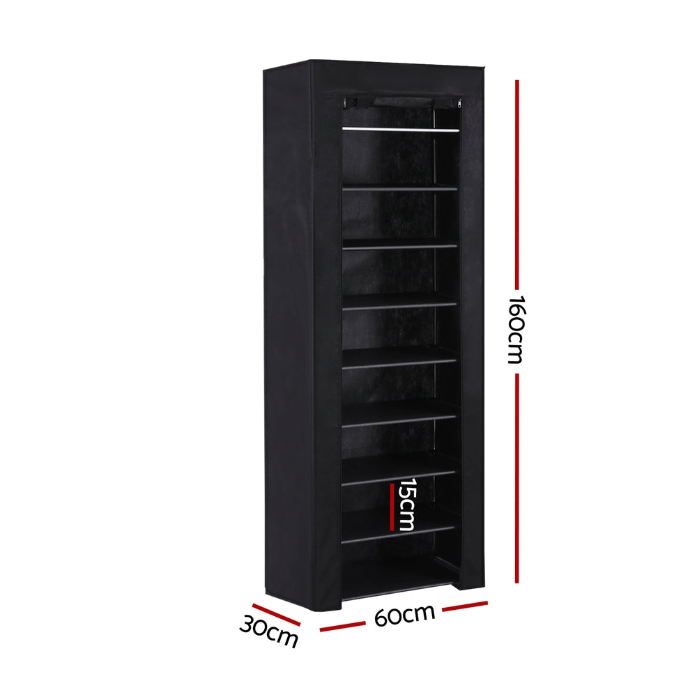 Black covered shoe rack dimensions showing 160cm height 60cm width 30cm depth and 15cm shelf spacing