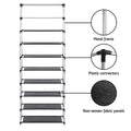 Black 10-tier shoe rack features showing metal frame plastic connectors and non-woven fabric panels with callout circles