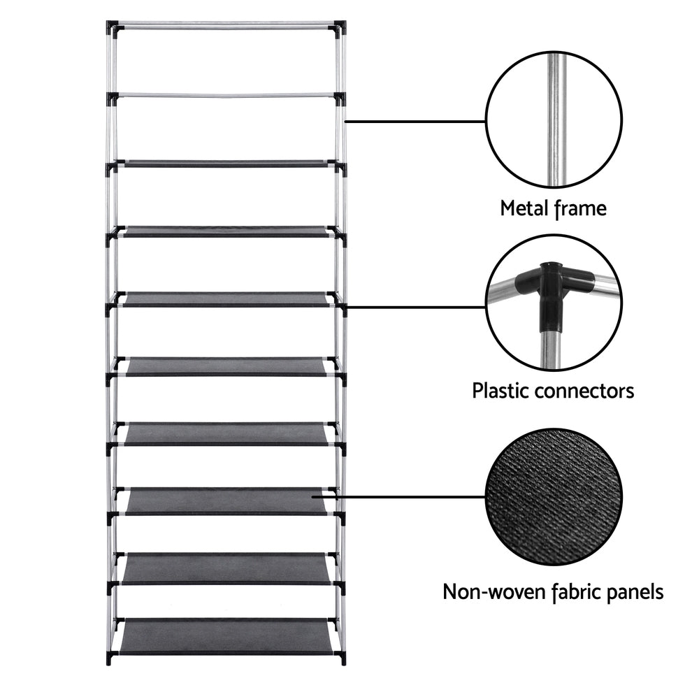 Black 10-tier shoe rack features showing metal frame plastic connectors and non-woven fabric panels with callout circles