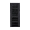 Black fabric shoe rack front view closed on white background with zip closure at top and side pockets visible