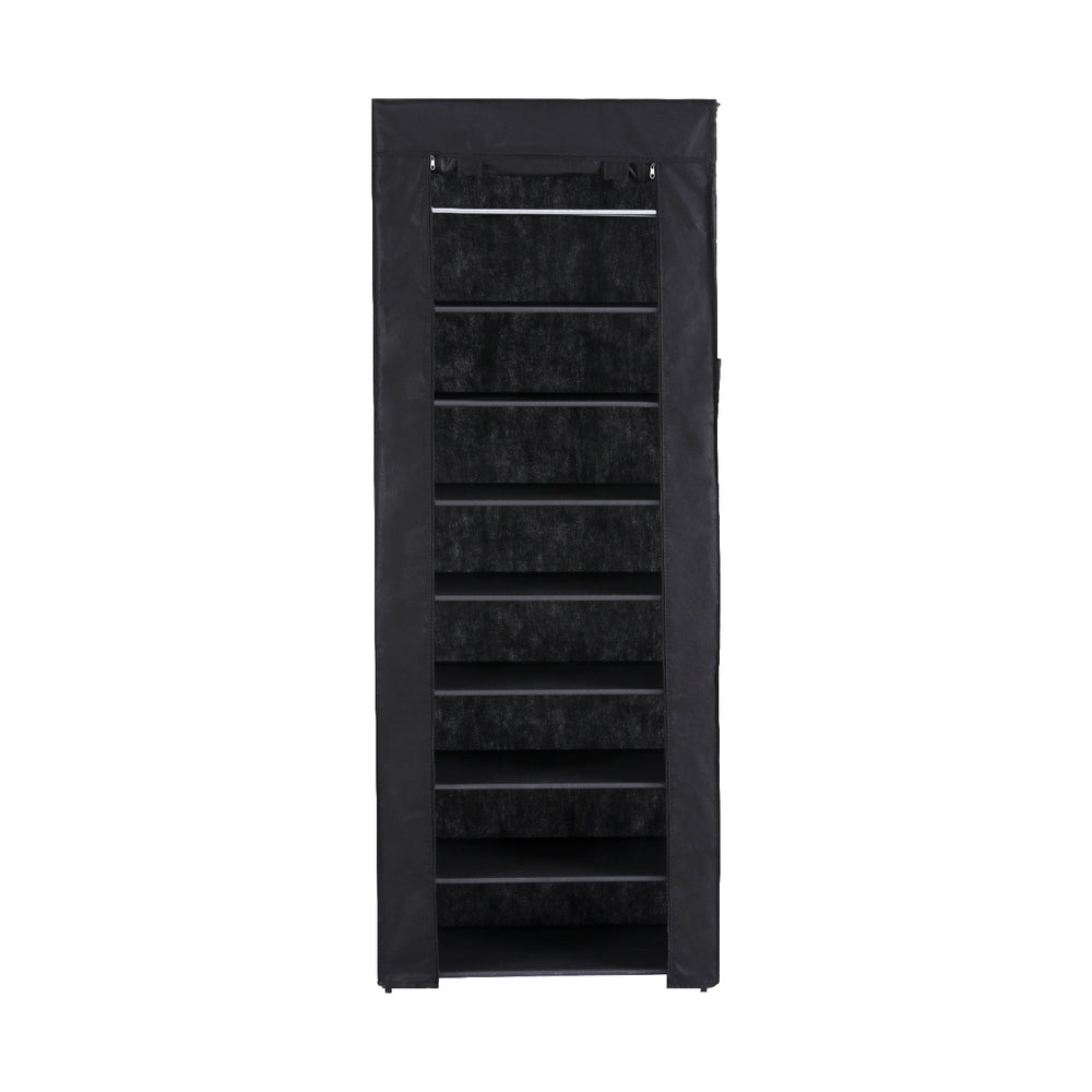 Black fabric shoe rack front view closed on white background with zip closure at top and side pockets visible