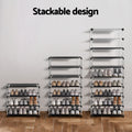 Stackable design infographic showing black shoe rack in 4-tier 6-tier and 9-tier configurations with shoes loaded