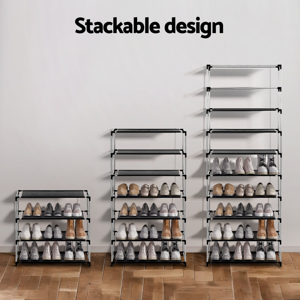 Stackable design infographic showing black shoe rack in 4-tier 6-tier and 9-tier configurations with shoes loaded