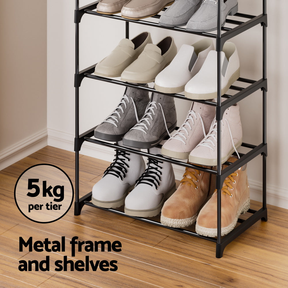 Lower five tiers of black narrow shoe rack loaded with shoes showing 5kg per tier and metal frame and shelves labels