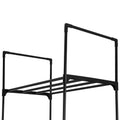Close-up of hook-top handles on black 10-tier narrow shoe rack on white background