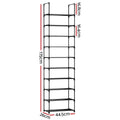 Black 10-tier narrow shoe rack dimensions 175cm height 44.5cm width 26cm depth with 16.8cm and 16.4cm shelf gaps