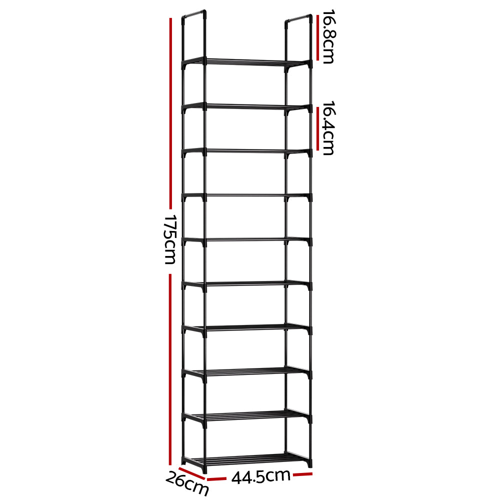 Black 10-tier narrow shoe rack dimensions 175cm height 44.5cm width 26cm depth with 16.8cm and 16.4cm shelf gaps