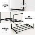 Three-panel infographic of black narrow shoe rack showing anti-tip kit wall bracket PP connectors and anti-slip feet