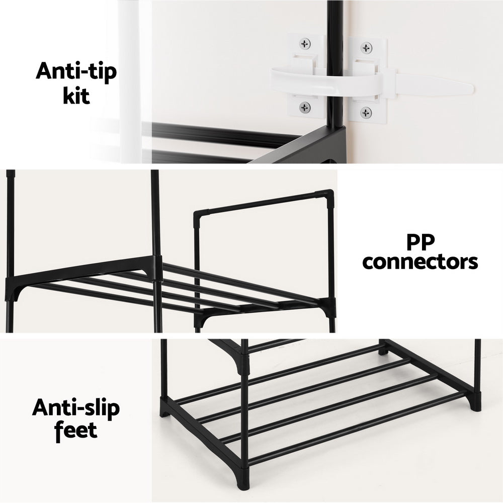 Three-panel infographic of black narrow shoe rack showing anti-tip kit wall bracket PP connectors and anti-slip feet