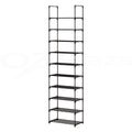 Black 10-tier narrow shoe rack empty front view on white background with hook-top handles