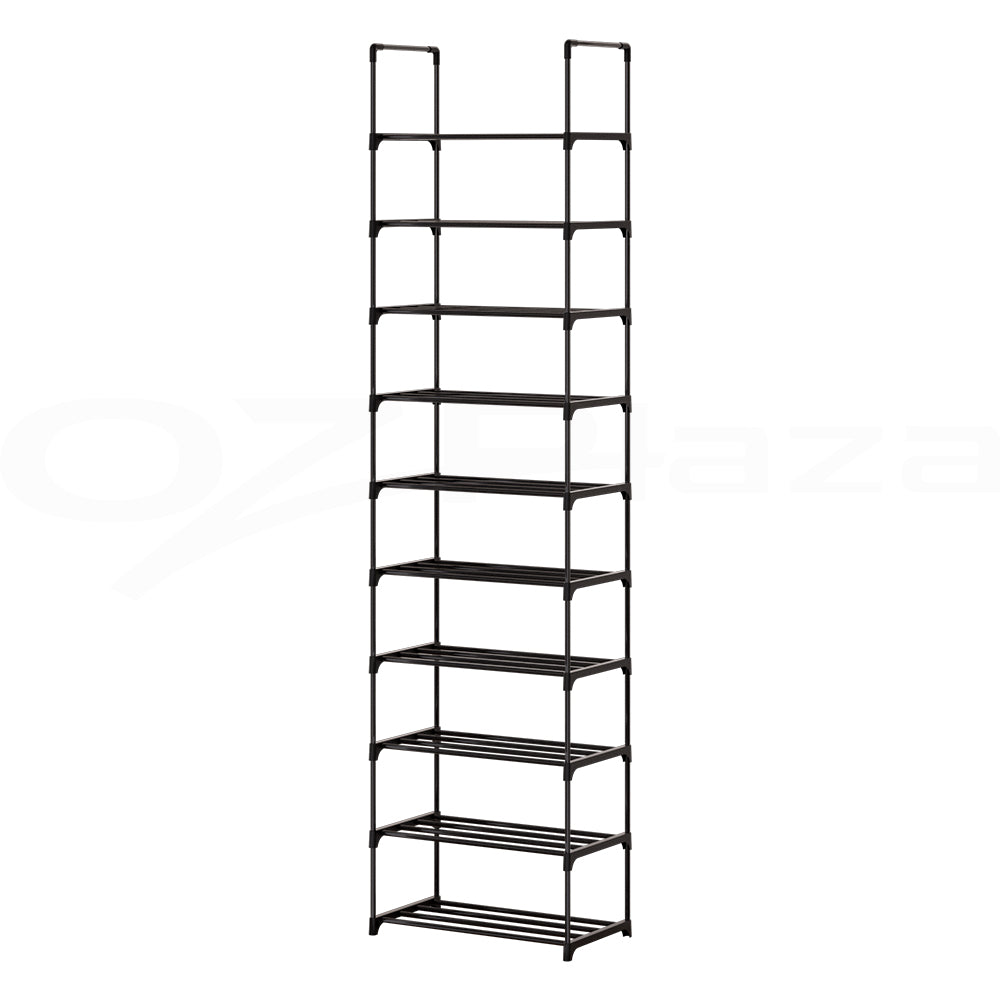 Black 10-tier narrow shoe rack empty front view on white background with hook-top handles
