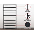 Black 10-tier shoe rack material details durable metal frame plastic connector joint and non-woven fabric shelf close-ups