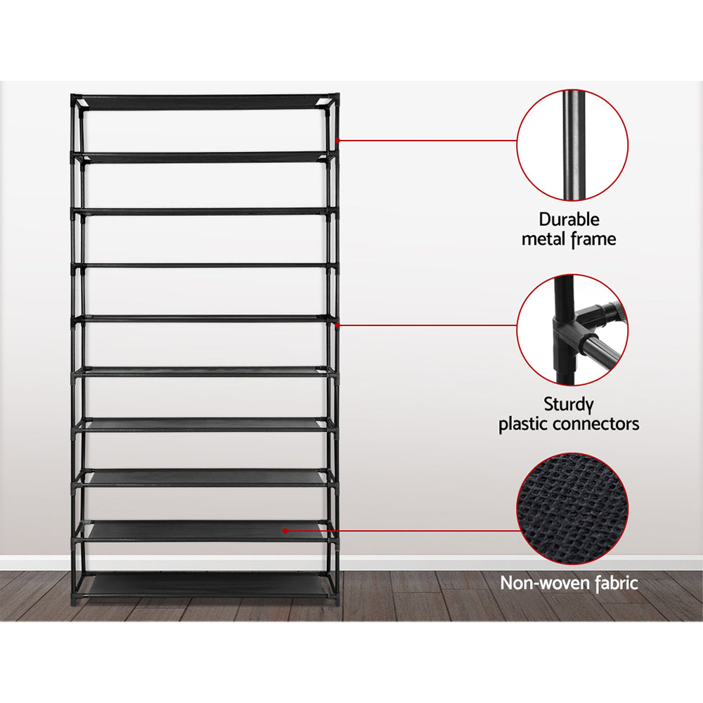 Black 10-tier shoe rack material details durable metal frame plastic connector joint and non-woven fabric shelf close-ups