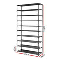 Black 10-tier shoe rack dimensions 85cm wide 160cm tall 26cm deep 16cm per tier spacing on white background