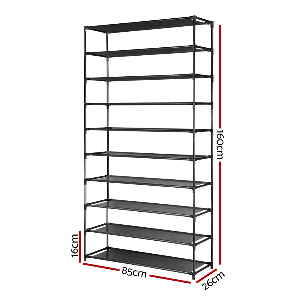 Black 10-tier shoe rack dimensions 85cm wide 160cm tall 26cm deep 16cm per tier spacing on white background