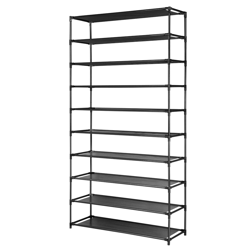Black 10-tier stackable shoe rack empty all tiers visible black fabric shelves and metal poles on white background
