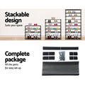 Black 10-tier shoe rack stackable design showing 5 7 and 10 tier sizes and complete package of all poles connectors and fabric