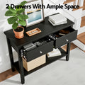 Black console table with text 
