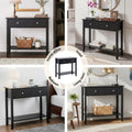 Black 2-drawer console table in four settings labelled: Home office, Hotel, Bedroom and Living room