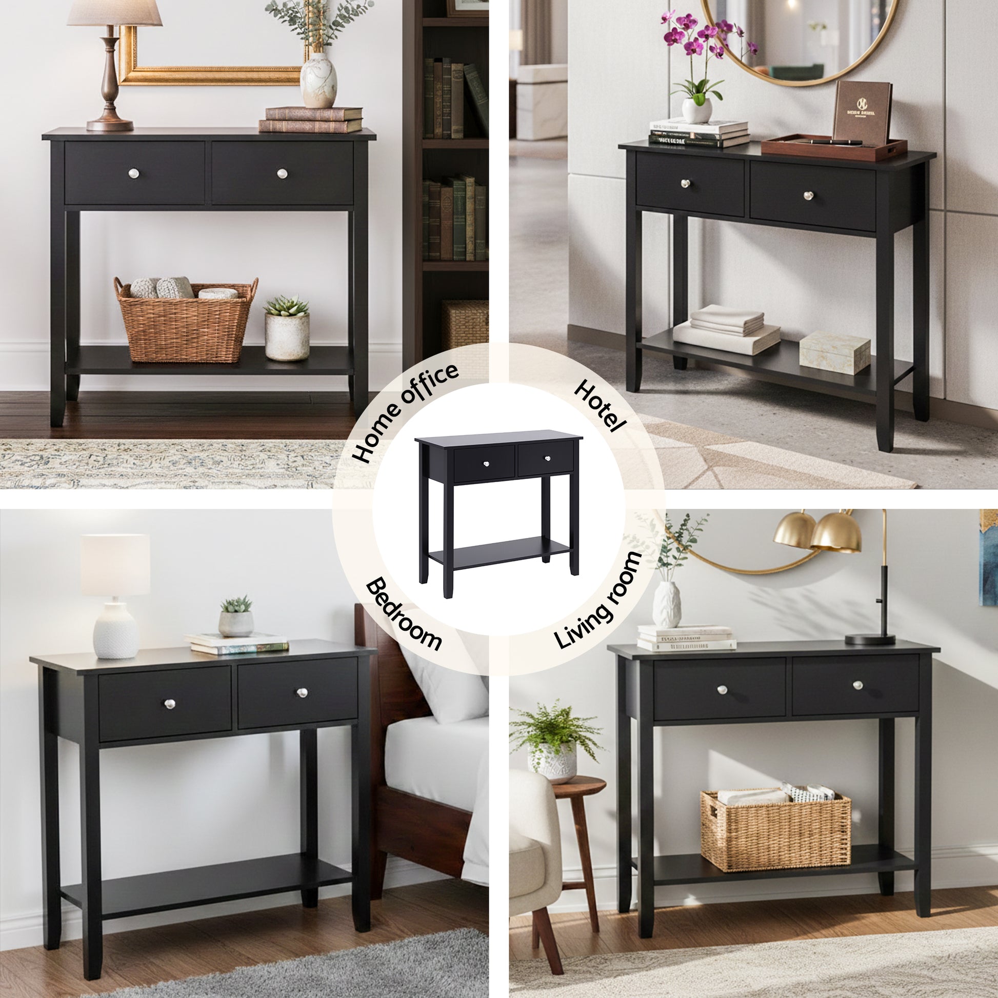 Black 2-drawer console table in four settings labelled: Home office, Hotel, Bedroom and Living room