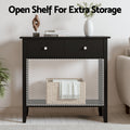 Black 2-drawer console table with text 