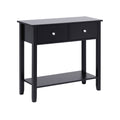 Black console table with two drawers, chrome knobs and lower shelf, three-quarter angle view on white background