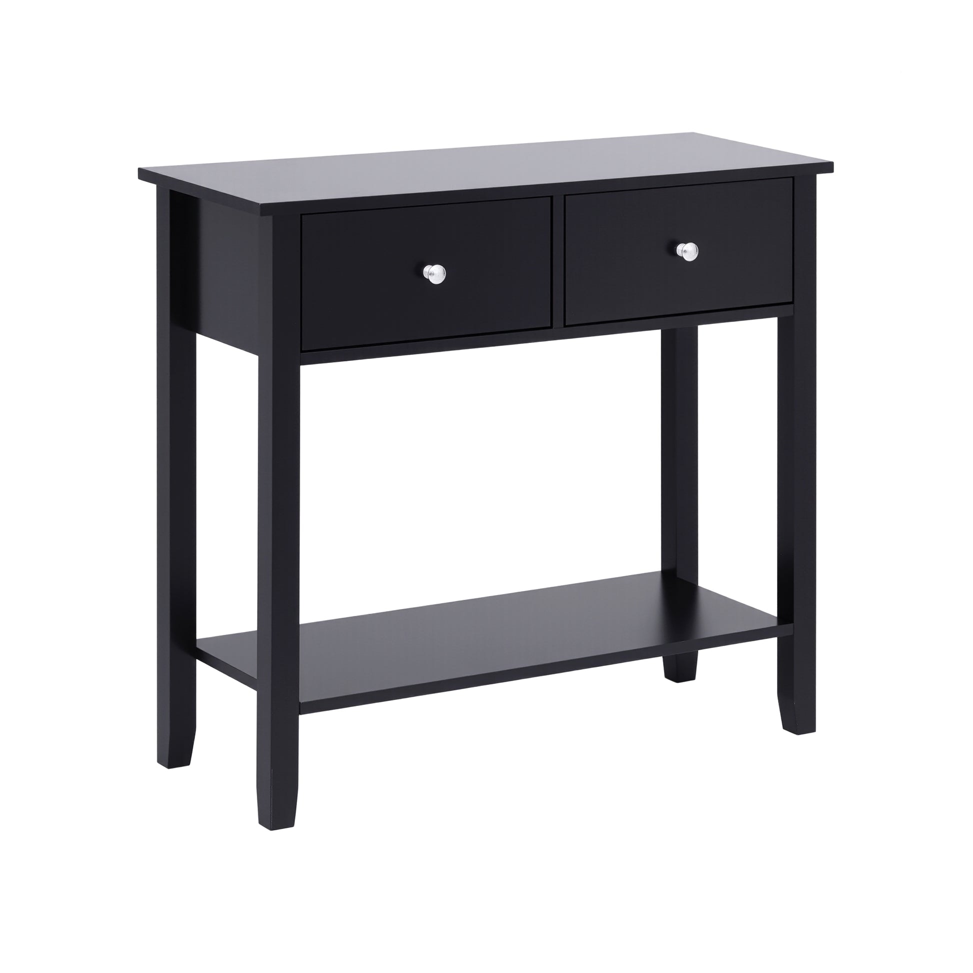 Black console table with two drawers, chrome knobs and lower shelf, three-quarter angle view on white background