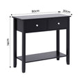 Black console table with two drawers and shelf dimensions: 80cm wide, 30cm deep, 74cm tall