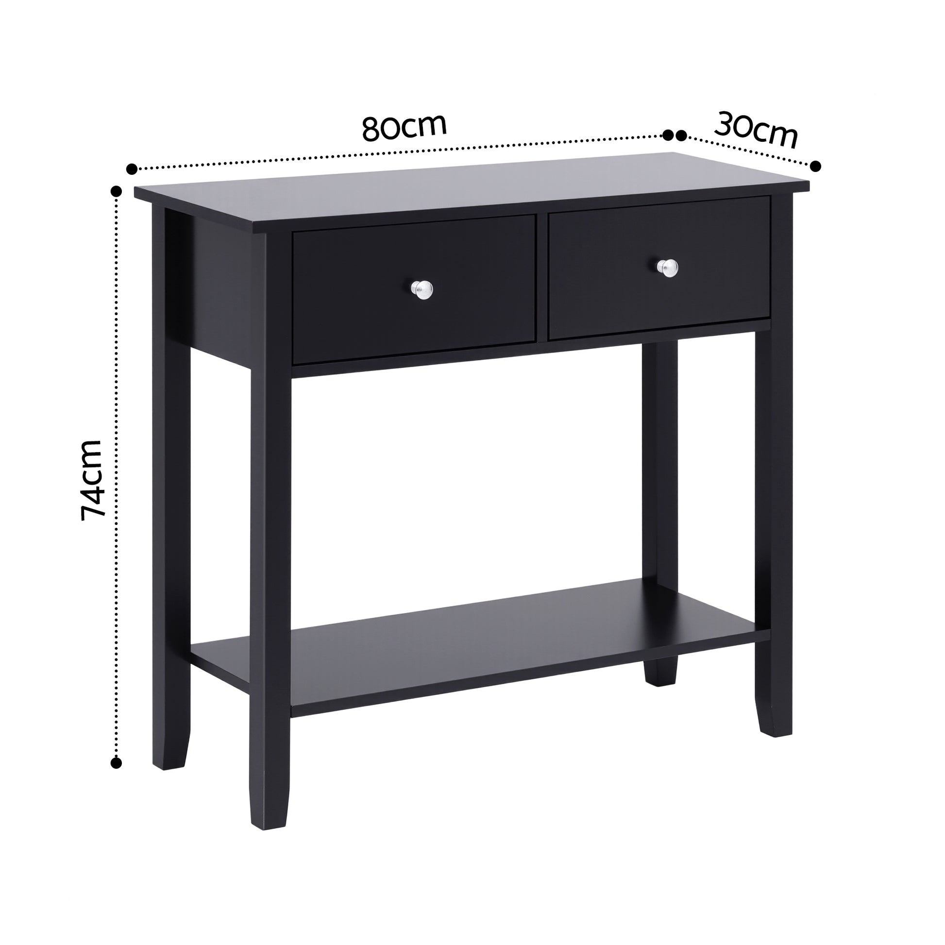 Black console table with two drawers and shelf dimensions: 80cm wide, 30cm deep, 74cm tall