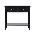 Black console table with two drawers, chrome knobs and lower shelf, front view on white background