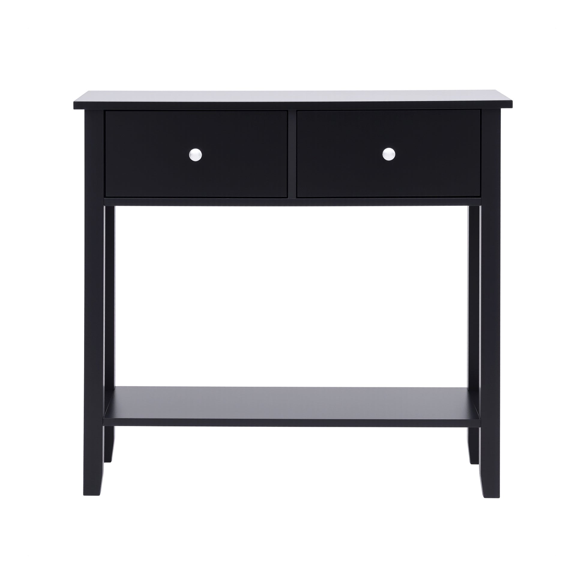 Black console table with two drawers, chrome knobs and lower shelf, front view on white background