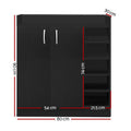 Dimensions diagram: black shoe cabinet 80cm wide, 90cm tall, 30cm deep, side shelves 21.5cm wide