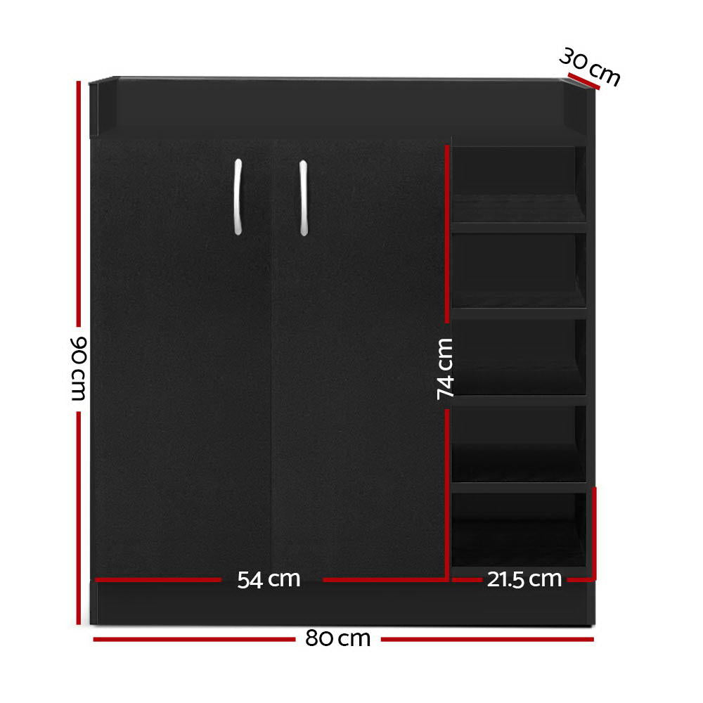 Dimensions diagram: black shoe cabinet 80cm wide, 90cm tall, 30cm deep, side shelves 21.5cm wide