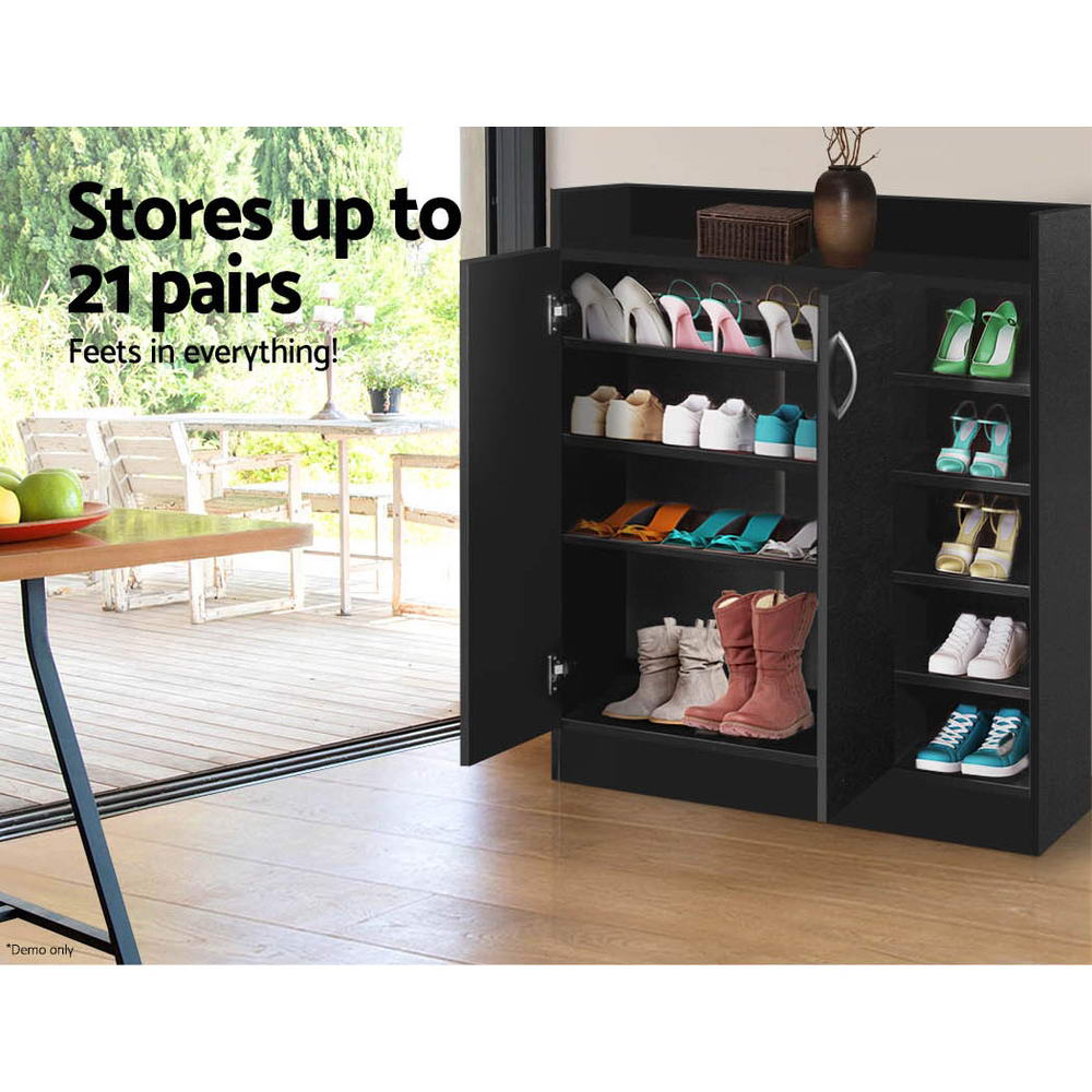 Black shoe cabinet both doors open revealing 4 internal shelves loaded with shoes, up to 21 pairs